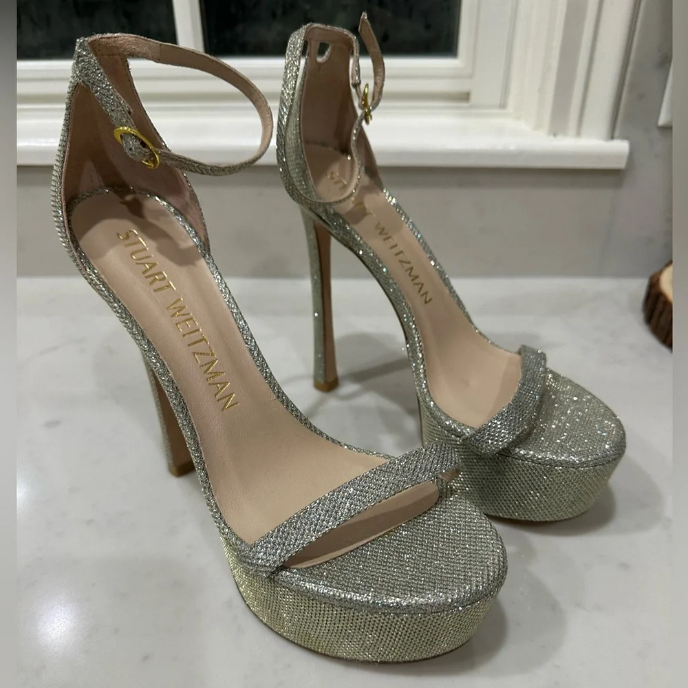 Stuart Weitzman Nudist Hollywood Platform Heel Silver Size 9.5 NWT Luxe Stiletto